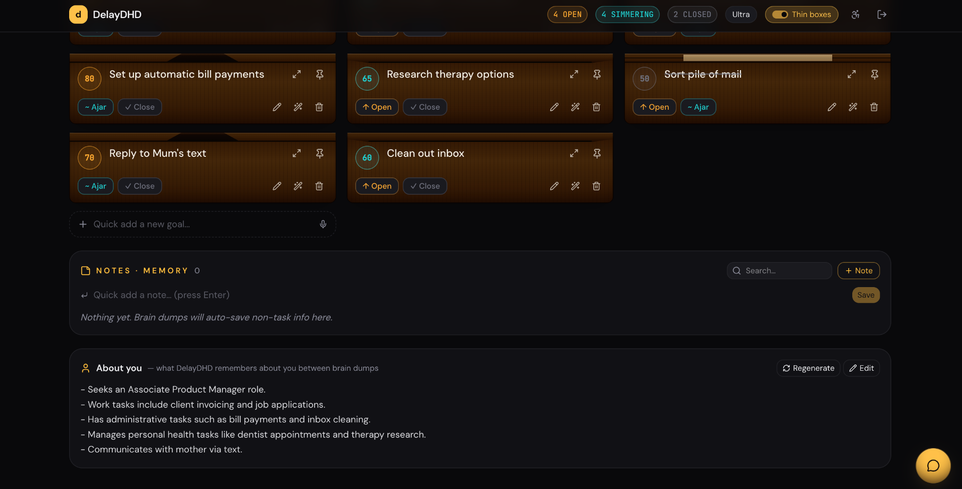 Lower DelayDHD dashboard: simmering Ajar tasks, a Notes / AI Memory panel, and an 'About you' card summarising what DelayDHD remembers between brain dumps.