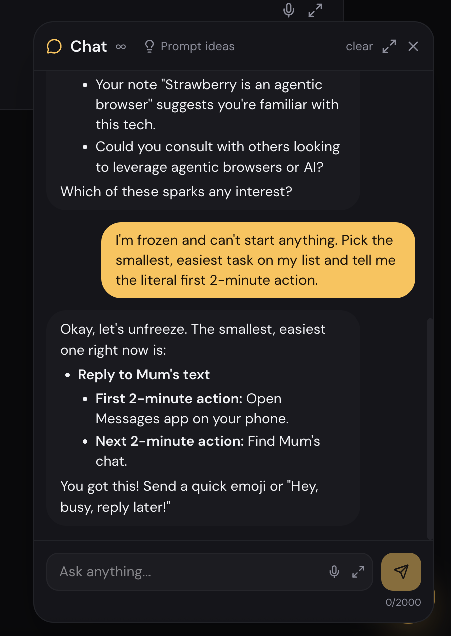 DelayDHD chat: user says 'I'm frozen and can't start anything. Pick the smallest, easiest task on my list and tell me the literal first 2-minute action.' The AI replies with 'Reply to Mum's text' and breaks it into a first 2-minute action: 'Open Messages app on your phone.'